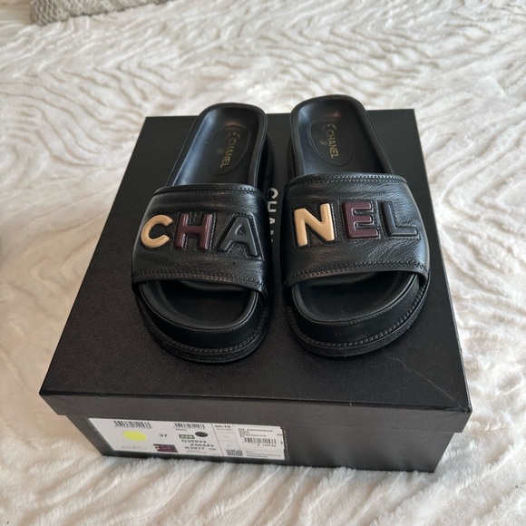 CHANEL Shoes - Authentic CHANEL Mules Black Slides with Multicolor Logo